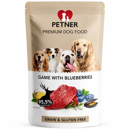 Hrană umedă premium pentru câini Petner Game with Blueberries 470g, 95.5% carne și supă, grain free, gluten free