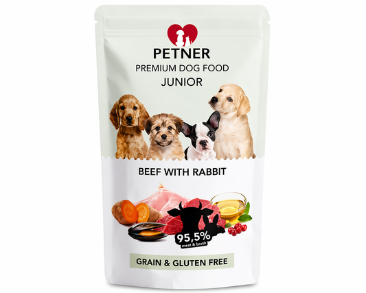Hrană umedă premium pentru pui de câine Petner Junior Beef with Rabbit 500g, 95.5% carne și supă, grain free, gluten free