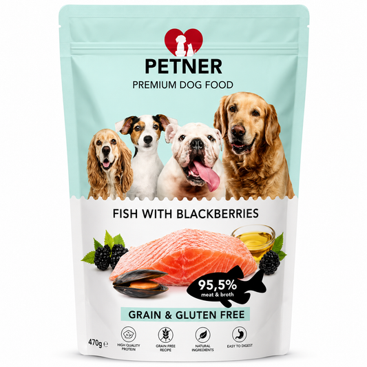 Hrană umedă premium pentru câini Petner Fish with Blackberries 470g, 95.5% carne și supă, grain free, gluten free